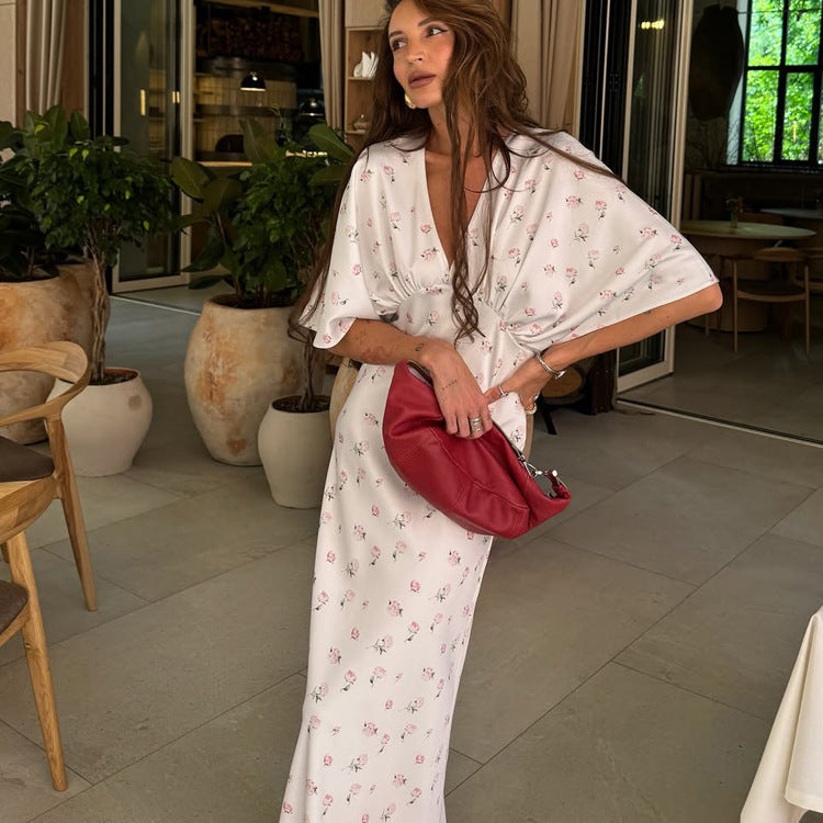 Elegant Fashionable Printed Dress Women Spring Summer V neck Short Sleeve High Waist Sheath Dress