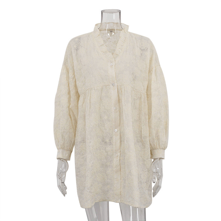 French Sweet Jacquard Design Shirt Dress Puff Sleeve Loose Dress Women Clothing