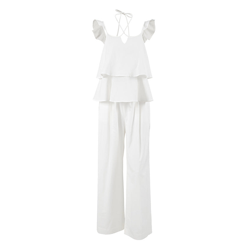 Ensemble haut sexy à col en V, sans manches et dos nu avec laçage, et pantalon ample décontracté à taille haute