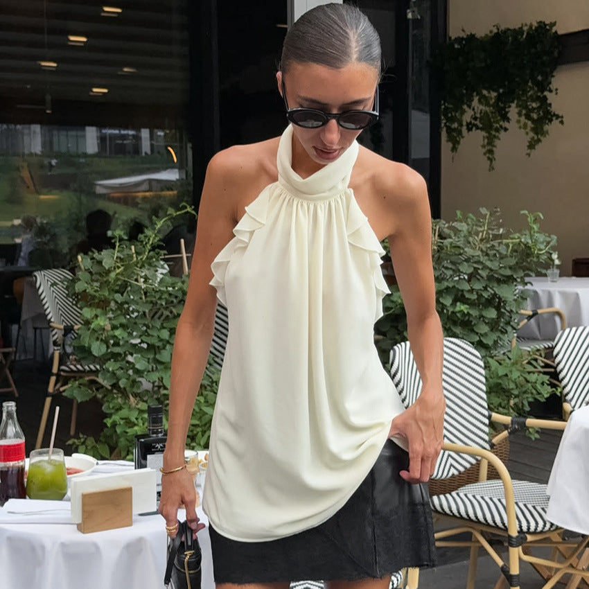 Design Ruffled Halter Sleeveless Vest Sexy Elegant Backless Chiffon Top