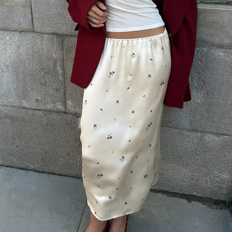 Women Satin Skirt Women Summer Office Printed High Waist Hip Skirt