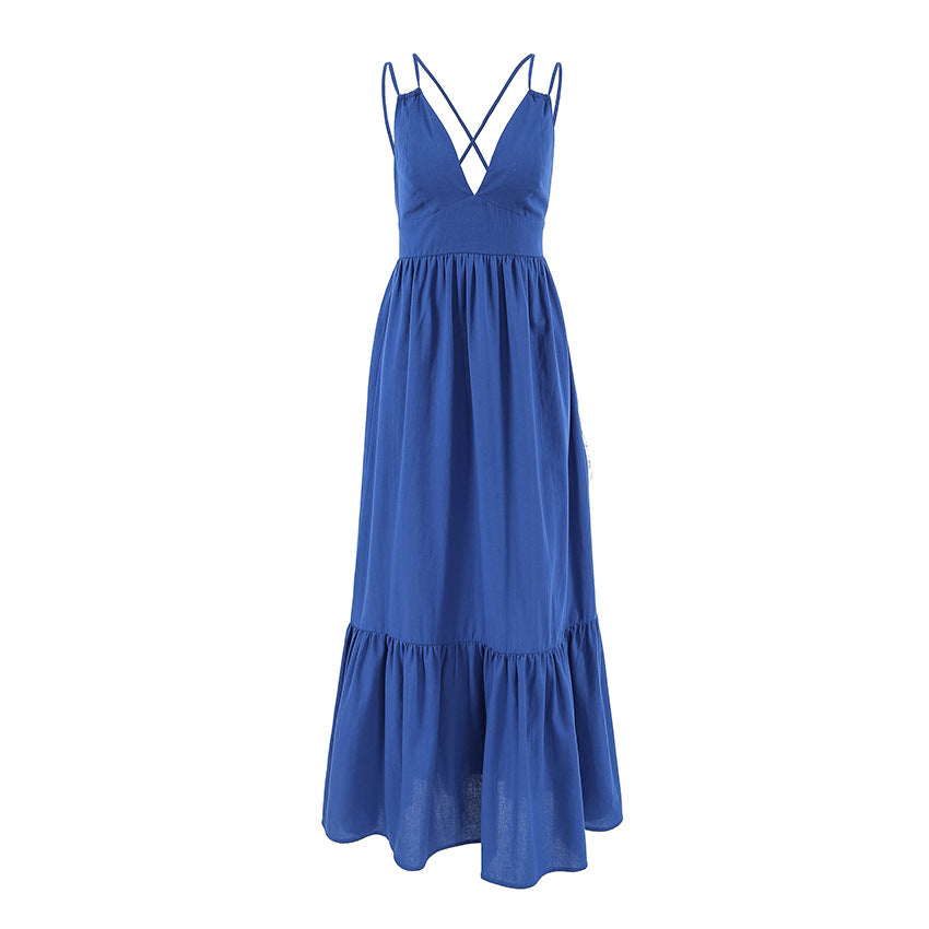 French Vacation Blue Cotton Linen V neck Strap Backless Dress Spring Summer Dress