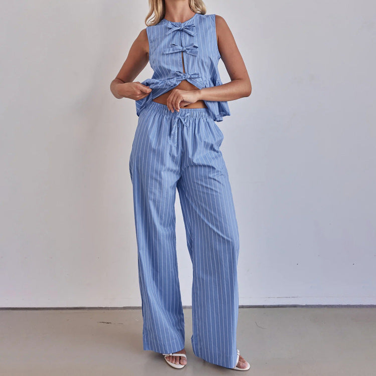 Striped Vest round Neck Bow Sleeveless Top Loose Wide Leg Pants Two Piece Set