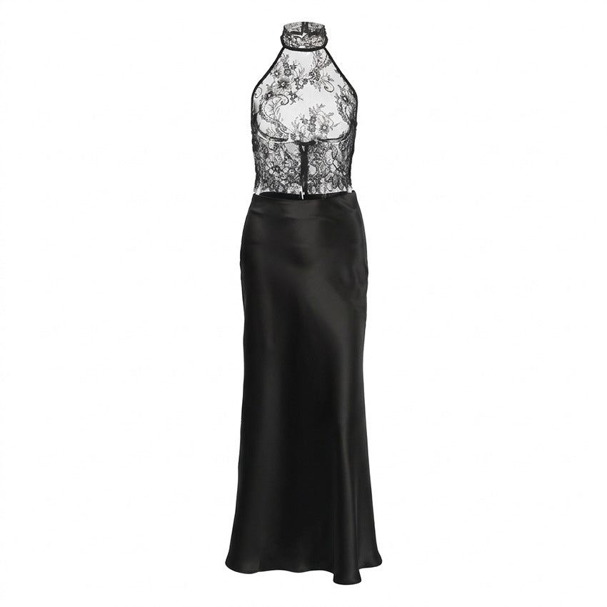 Sexy Women Backless Black Lace See through Halterneck Vest Satin High Waist Skirt Two Piece Set