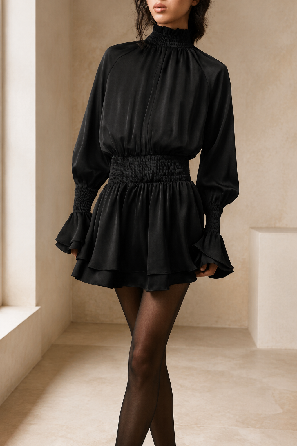 Robe ÈVE satinée noire portée en studio beige