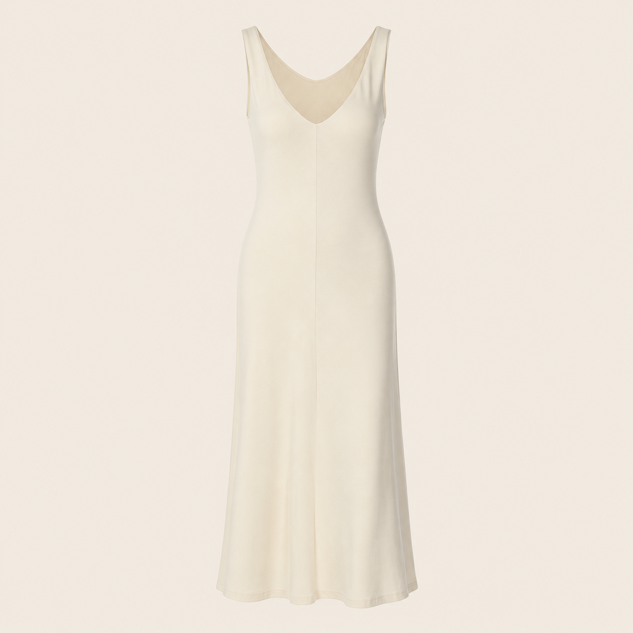 Robe midi à col V — vêtement seul sur fond beige