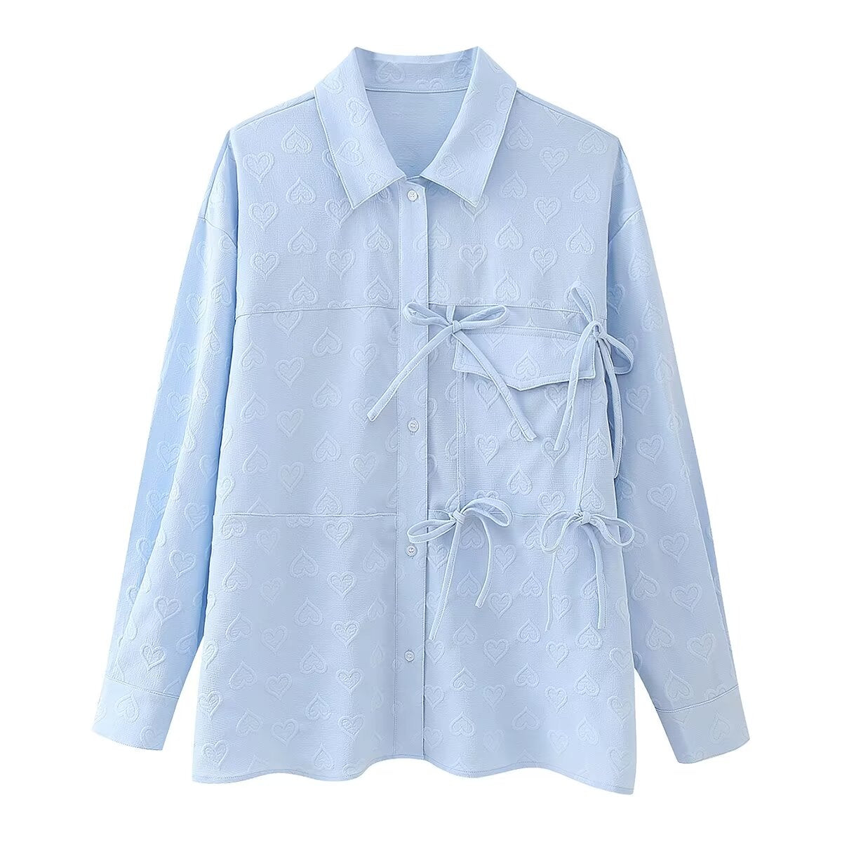 Blue Polo Collar Buckle Bow Shirt for Women Spring Autumn Niche Long Sleeve Chic Shirt