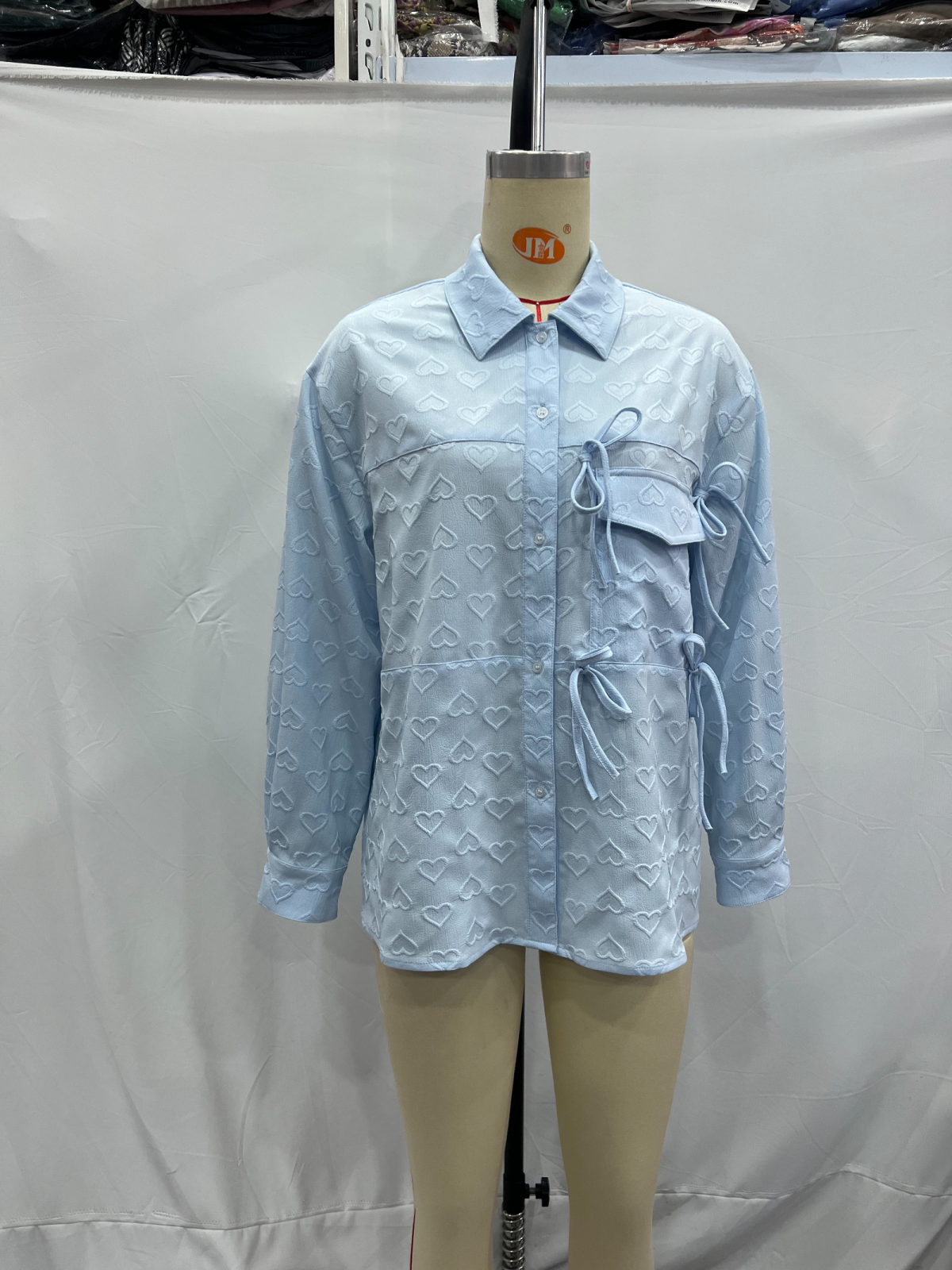 Blue Polo Collar Buckle Bow Shirt for Women Spring Autumn Niche Long Sleeve Chic Shirt