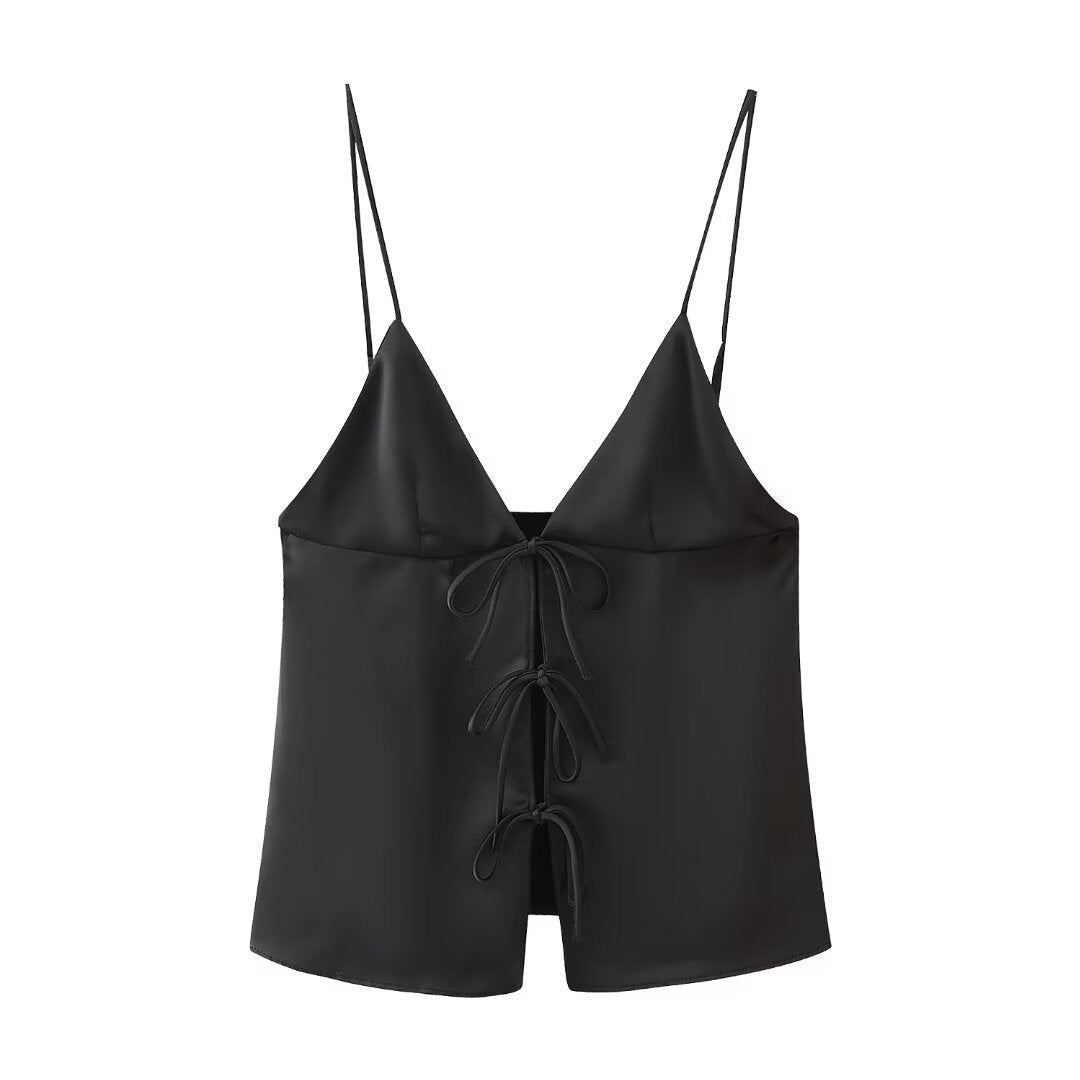 Spring Bow Button Black Camisole Small Vest