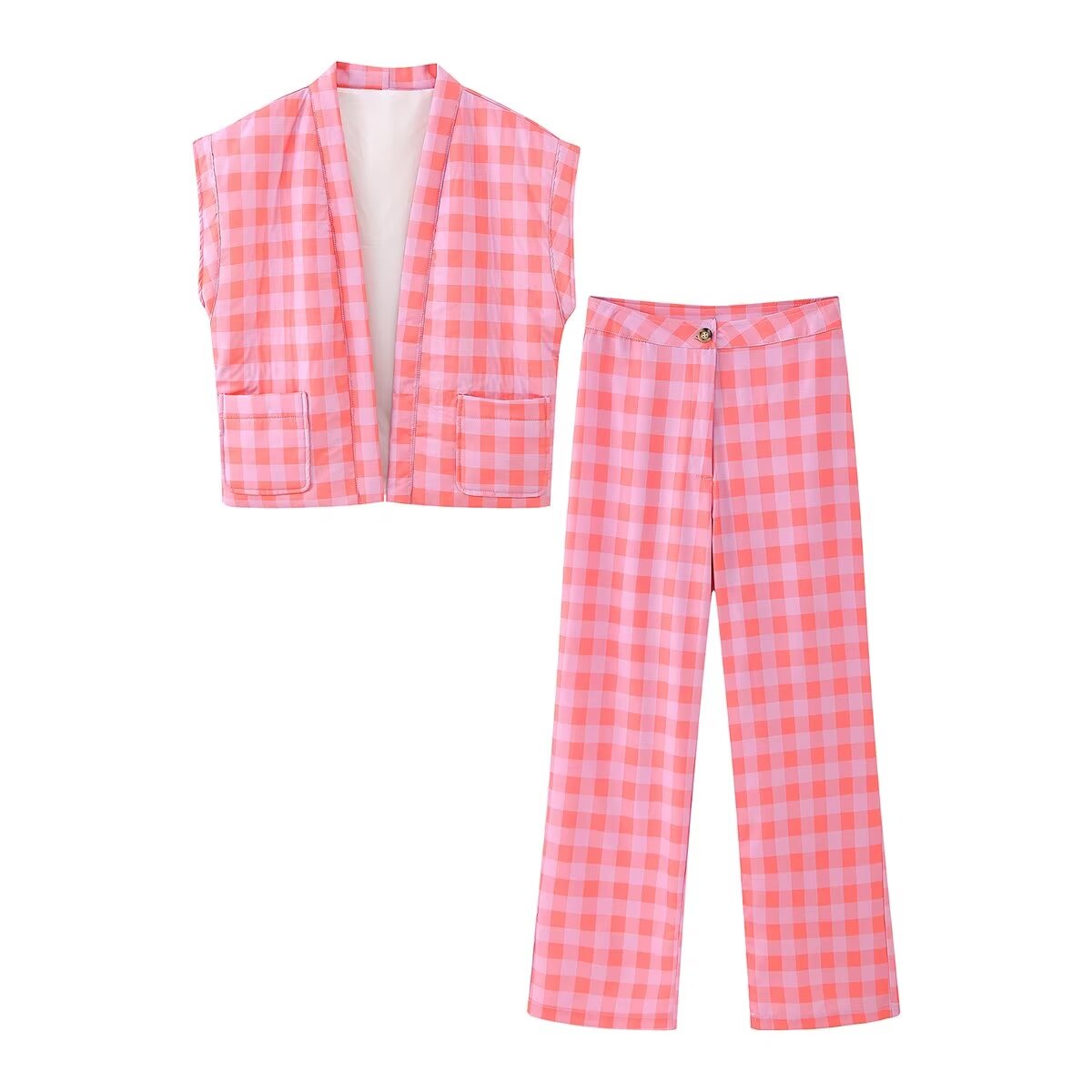 Sexy Plaid Cotton Coat Women Plaid Wide Leg Casual Trousers Two Piece Suit