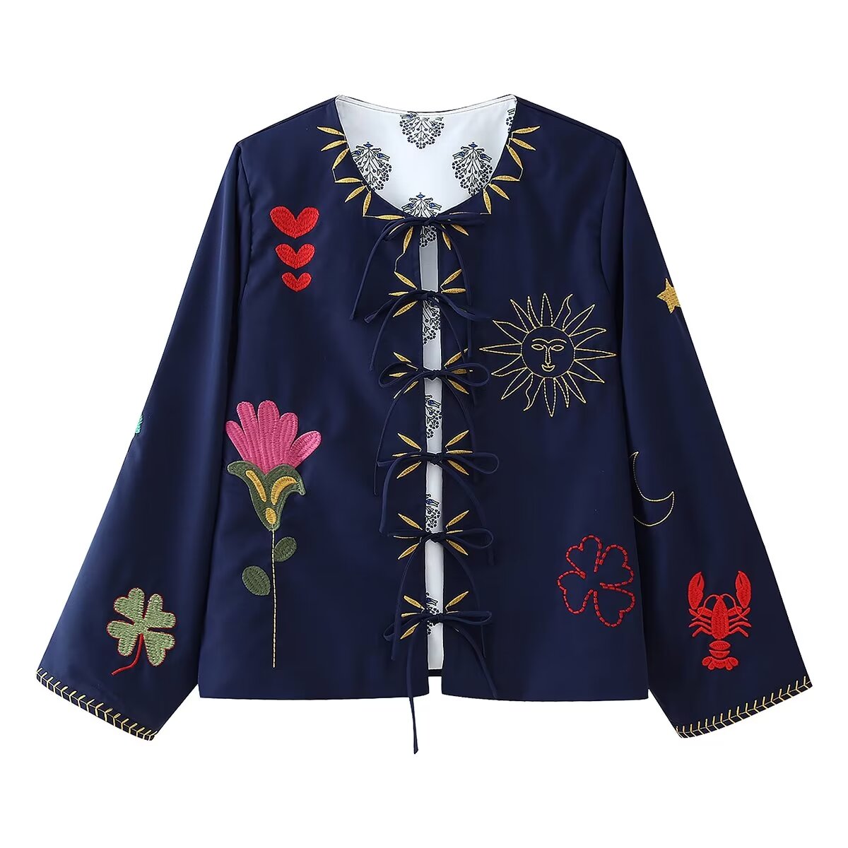 Spring Autumn Women Clothing Round Neck Tied Embroidered Loose All Matching Long Sleeve Coat Top