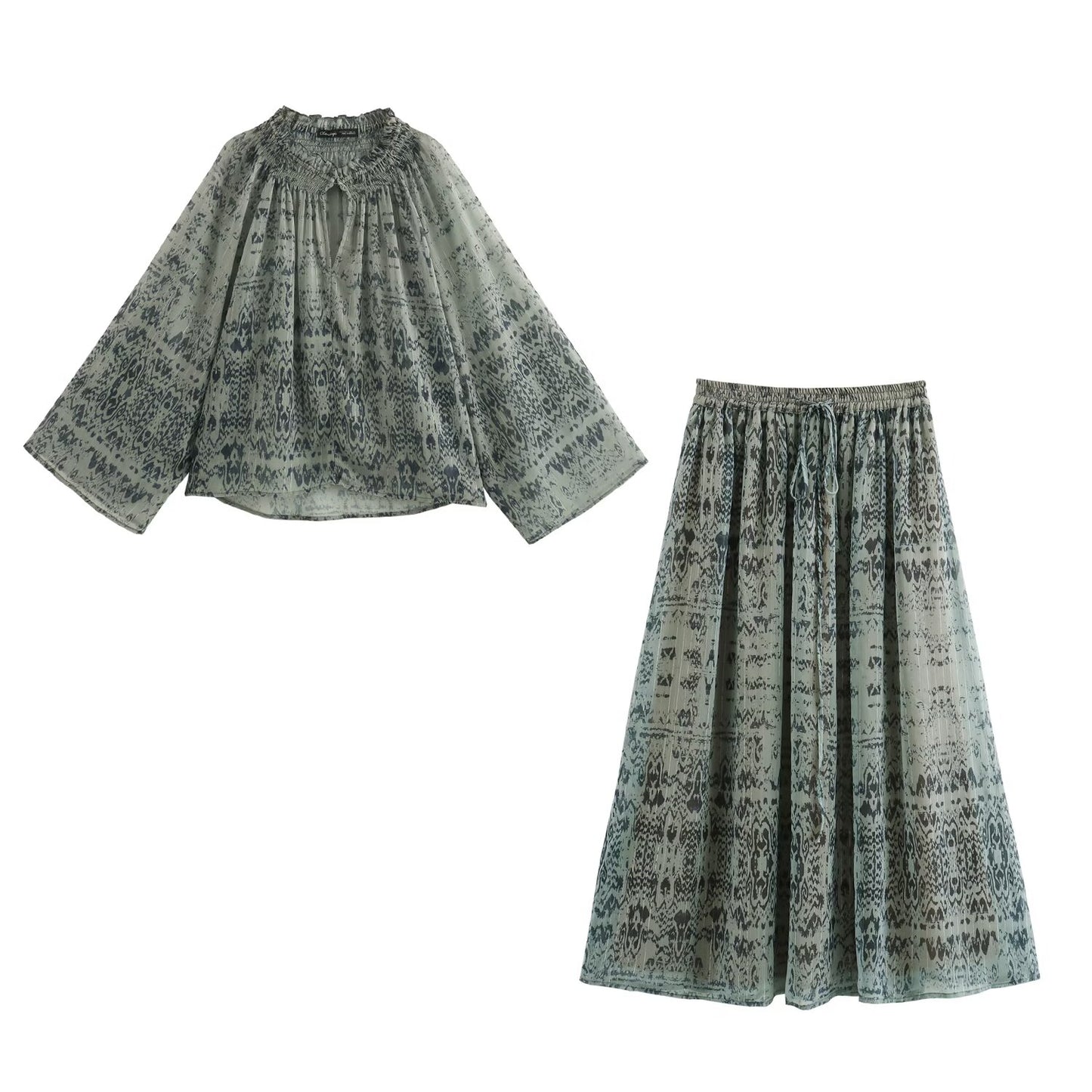 Summer Metal Color Line Bohemian Shirt Mid Length Skirt Set Women