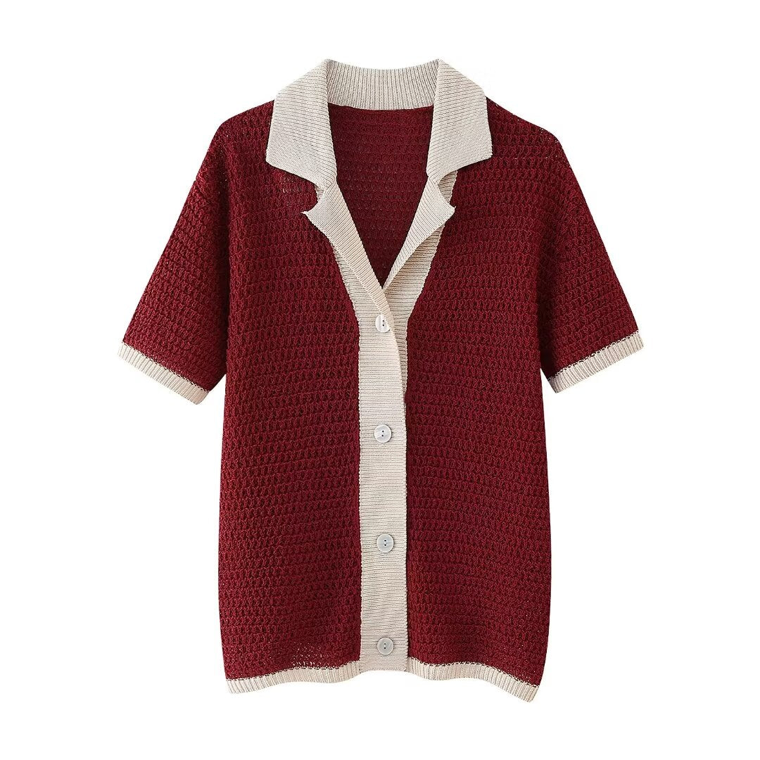 Summer Simple Contrast Color Collared Knitted Polo Shirt Single Breasted Women Clothing