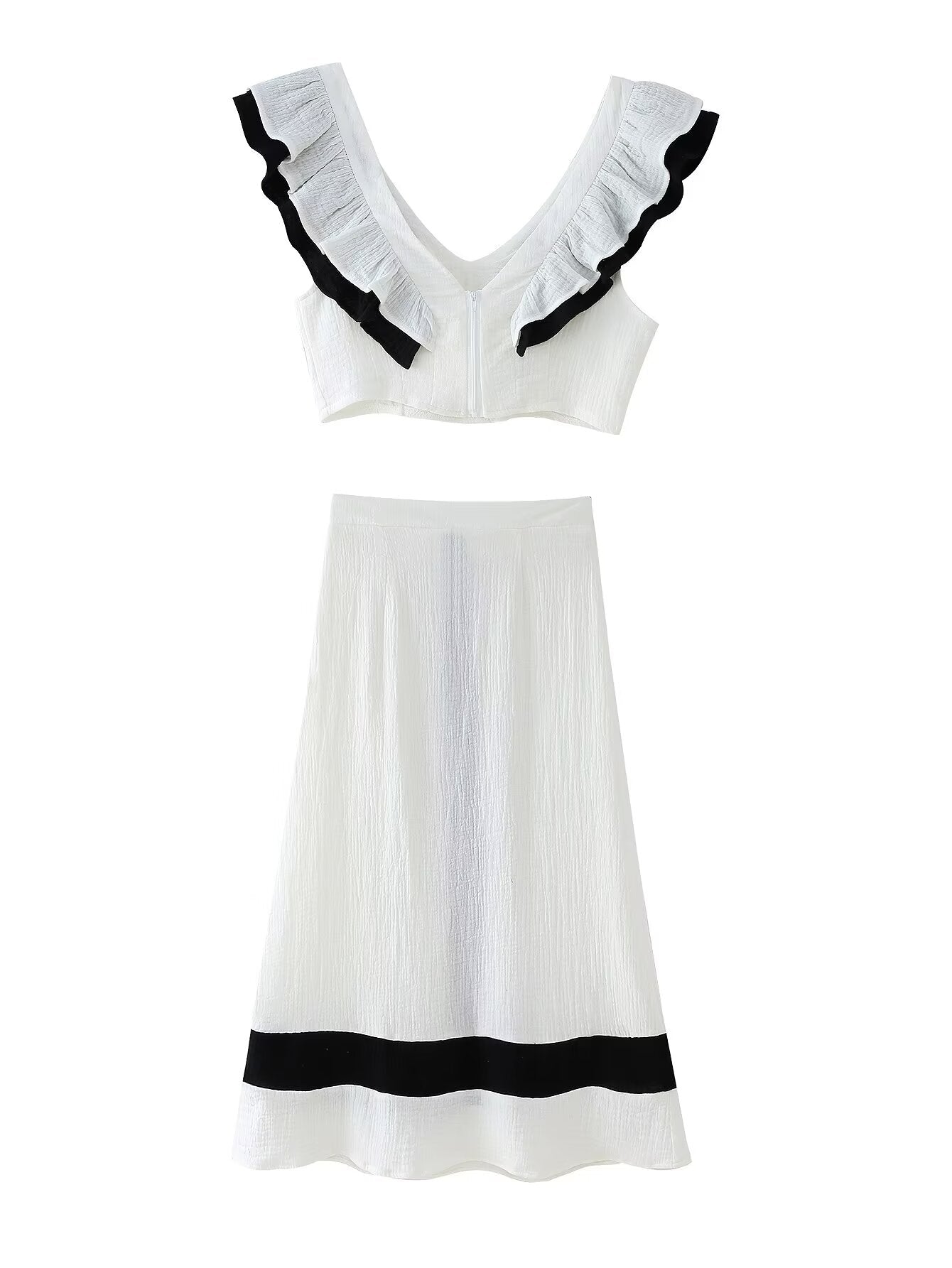 Spring Elegant V neck Sleeveless Ruffled Color Contrasting Stripe Vest Skirt Sets for Women