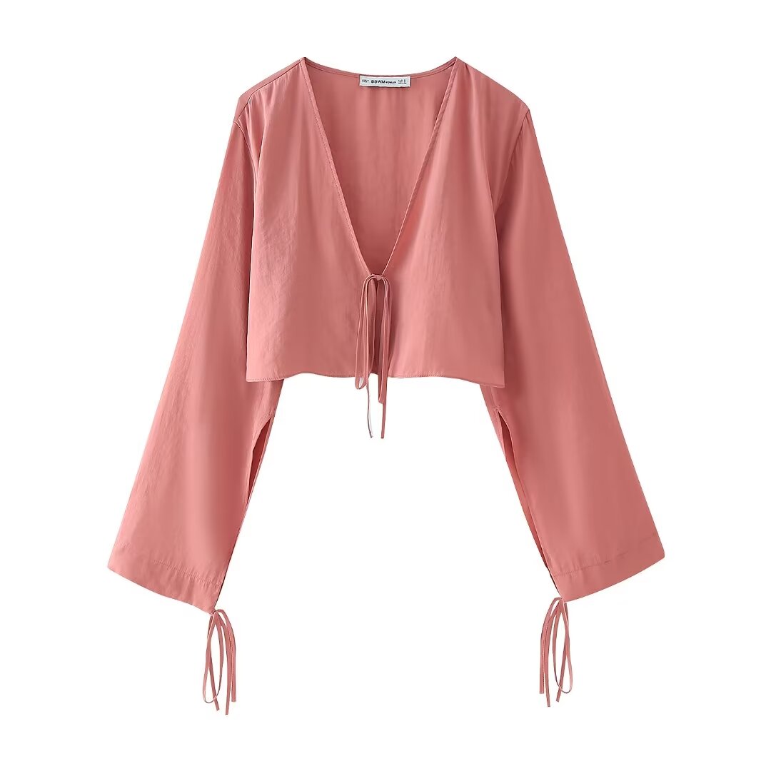 Women Clothing Bowknot Draped V Neck Long Sleeve Short Shirt