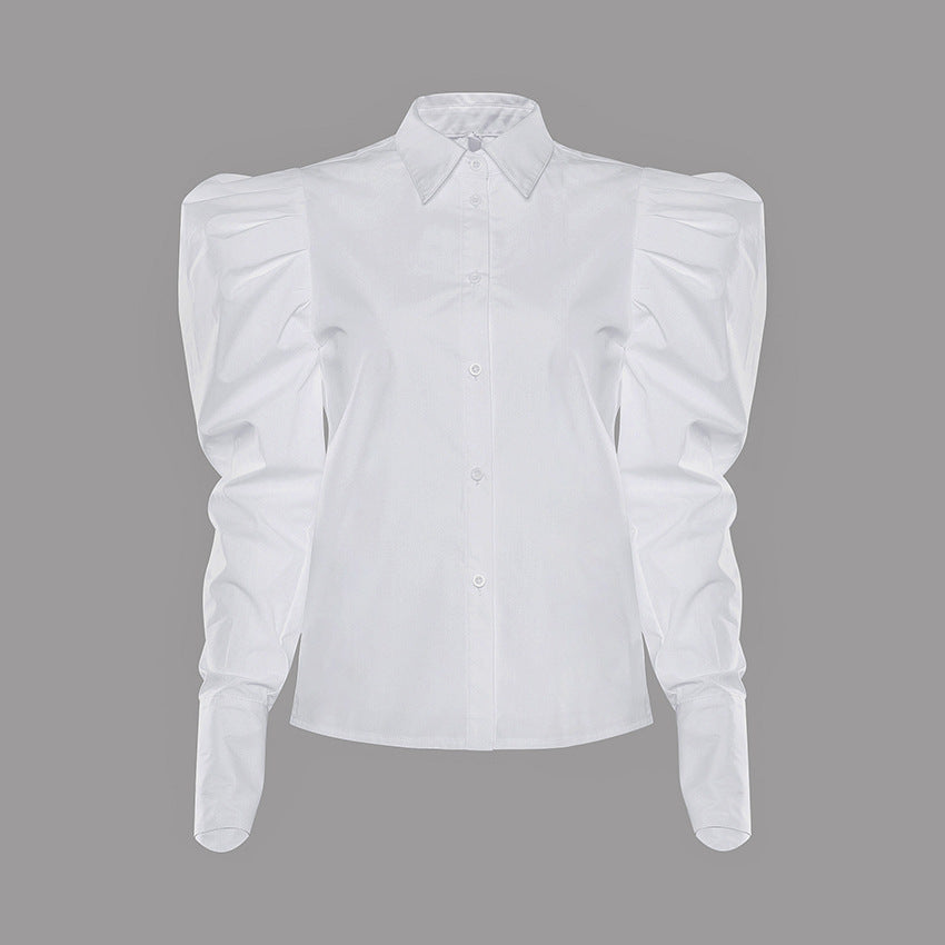White Puff Sleeve Shirt Top Women Loose Retro Long Sleeve Business Shirt