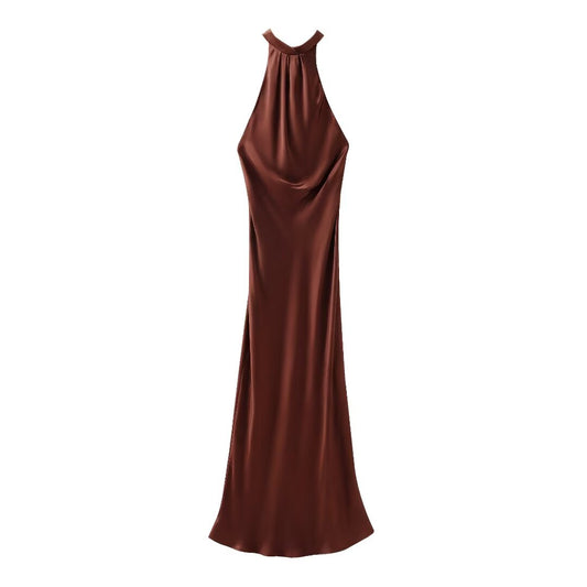 Spring Sexy Backless Silk Satin Texture Dress Hanging Collar Maxi Dress