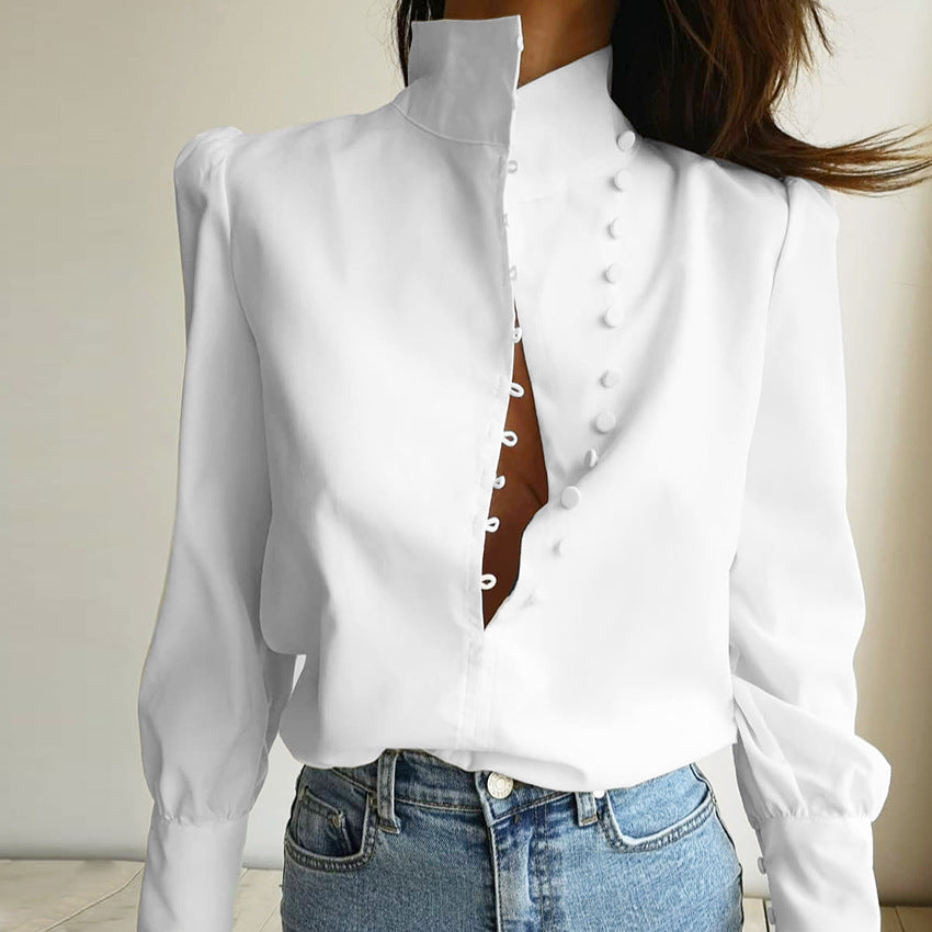 Stand Collar Long Sleeve Shirt Women Autumn Loose White Office Casual Shirt