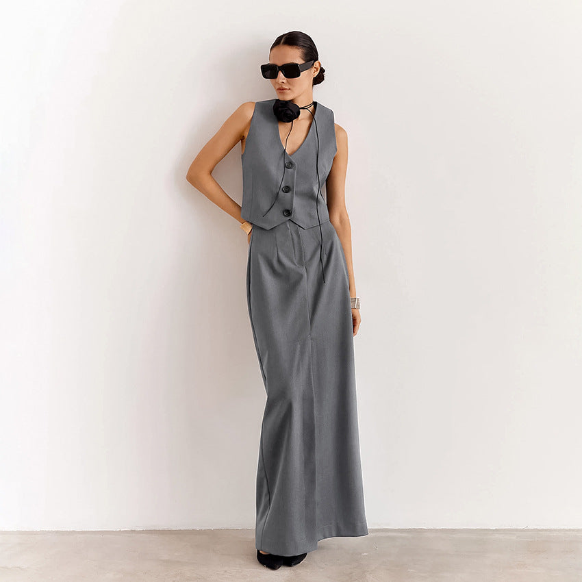 High Grade Gray Sleeveless Vest High Waist Slim Fit Slit Two Piece Summer Office Set Women