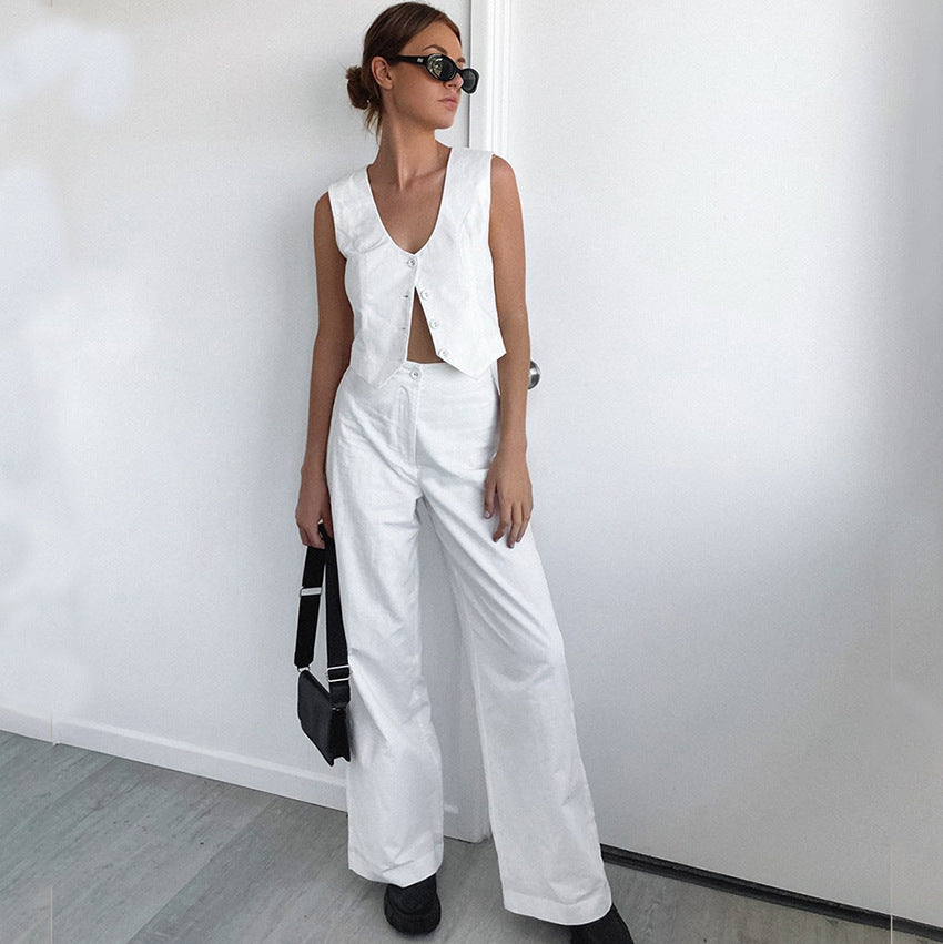 Cotton Linen Pure White V Collar Slim Fit Vest Trousers Summer Women Clothing Two Piece Set