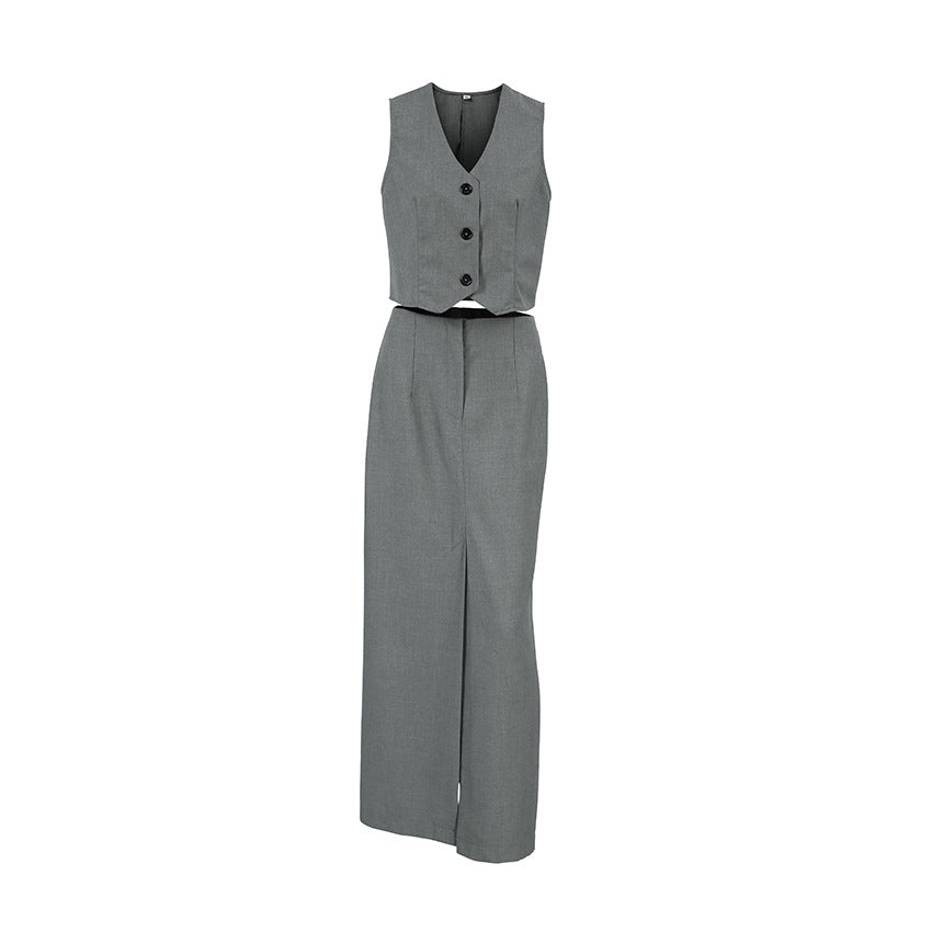 High Grade Gray Sleeveless Vest High Waist Slim Fit Slit Two Piece Summer Office Set Women