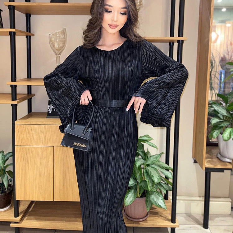 Dress Women Autumn round Neck Tied Horn Long Sleeve Long Pleated Dress