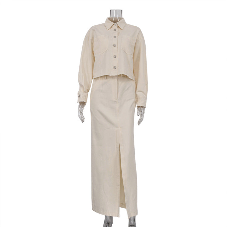 Spring Skirt Set French Long Sleeved Shirt High Waist Split Dress Office Two Piece Suit for Women