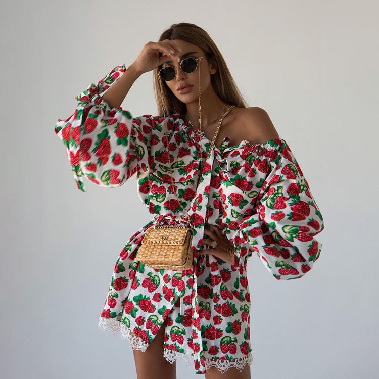 Early Autumn Sexy Sexy Strawberry Printed Dress Waist Trimming Shoulder Long Sleeve A line Dress