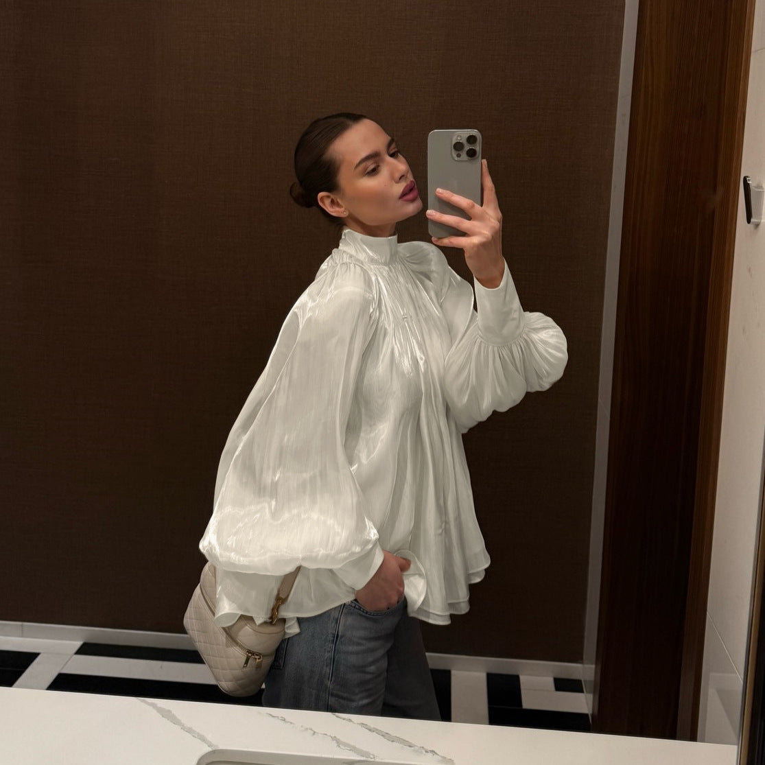 French Entry LUX Design Half Turtleneck Lantern Sleeve Shirt Women Spring Autumn Elegant High Grade Top
