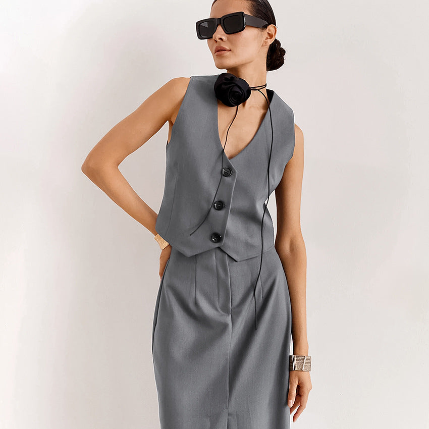 High Grade Gray Sleeveless Vest High Waist Slim Fit Slit Two Piece Summer Office Set Women