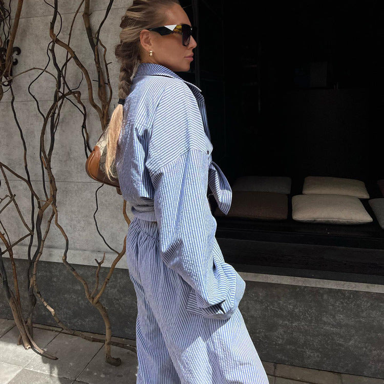 Blue Color Striped Collared Shirt Long Sleeve Wide Leg Pants Suit Loose Women Clothing