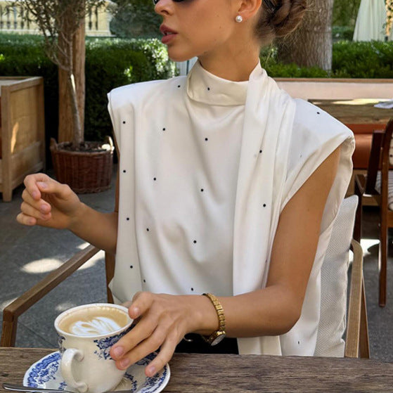 Gentle Polka Dot Split Backless Lace up Bow Stand Collar Vest Women Elegance Sleeveless Top