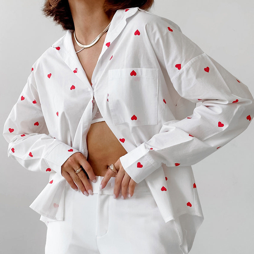 Heart Printing Cotton Linen Collared Women Shirt Spring Office Top