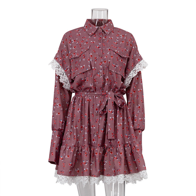 Women Clothing Autumn Floral Stitching Dress Polo Collar Long Sleeve Lace up A line Dress