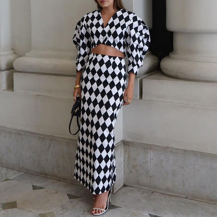 Elegant Women Clothing Black White Lattice Pattern Printed Skirt Set Bubble Sleeve Cropped Top Hip Skirt Two Piece Sets