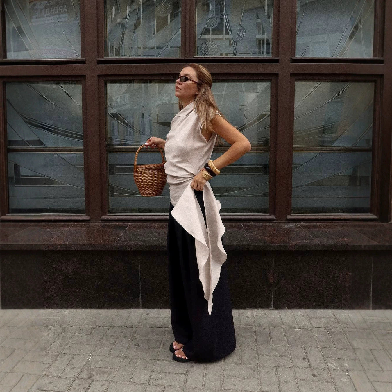 Cotton Linen Slim Fit Oblique Shoulder Irregular Asymmetric T shirt Women Summer Wild Sexy off Shoulder Top