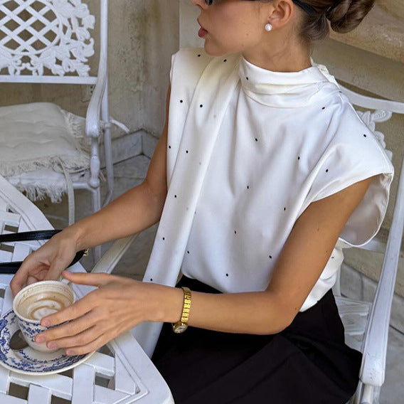 Gentle Polka Dot Split Backless Lace up Bow Stand Collar Vest Women Elegance Sleeveless Top