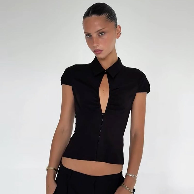 Top à col chemise et fronces