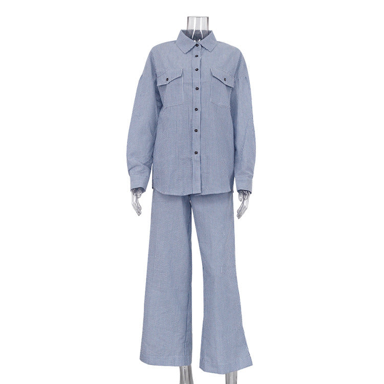 Blue Color Striped Collared Shirt Long Sleeve Wide Leg Pants Suit Loose Women Clothing