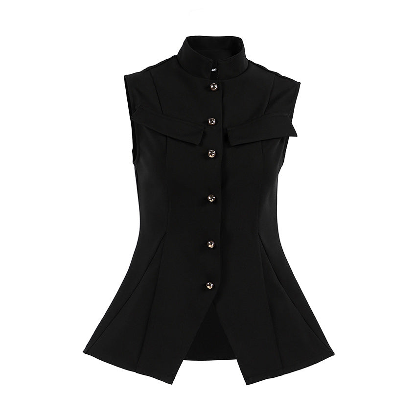 Women Clothing Spring Summer Stand Collar Breasted Sleeveless Waist Split Top Vest
