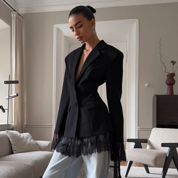 Blazer de bureau à manches longues avec broderies à dentelle