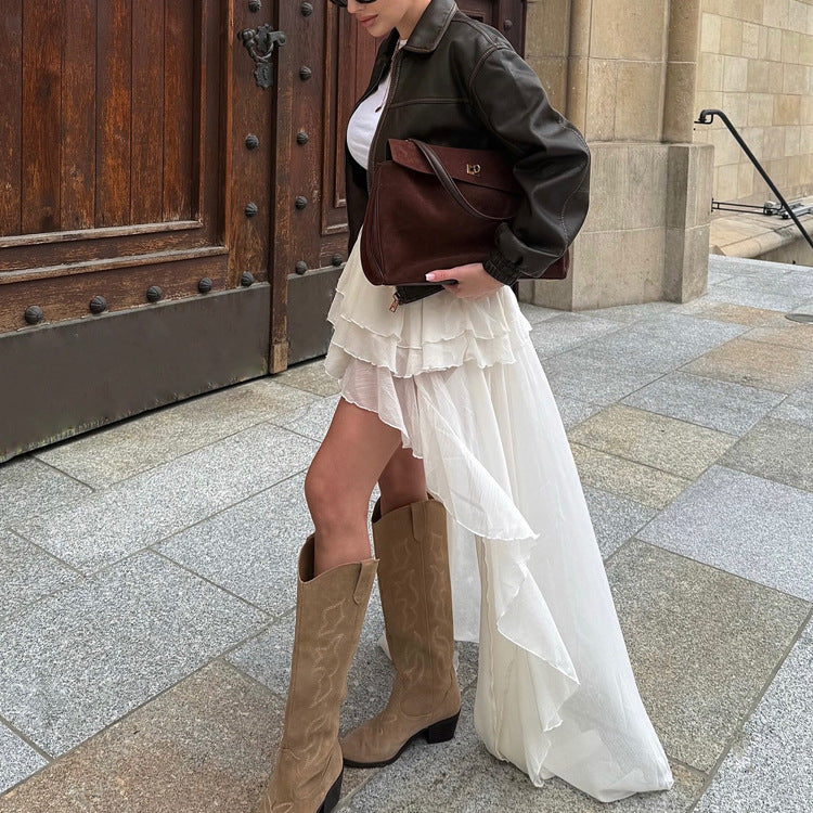 Casual Irregular Asymmetric Hem Women Spring Autumn Wild Elastic Waist A line Skirt