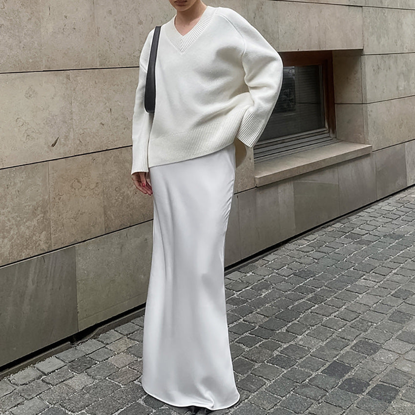 White Cocktail Satin Slim Fit Fishtail Skirt Women High Waist Drooping Floor Dress