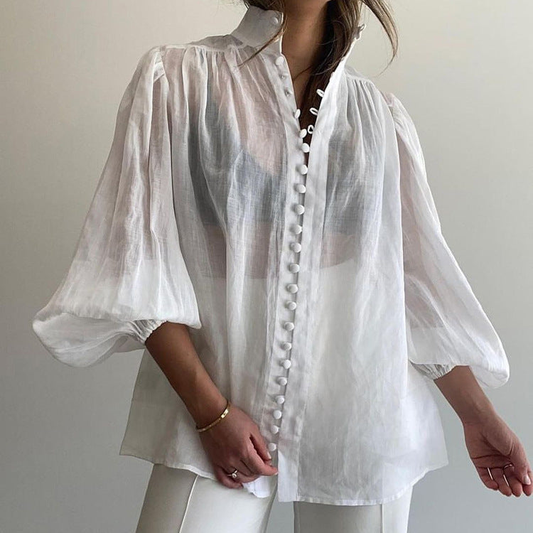 Women Clothing French Single Breasted Shirt Spring Autumn Stand Collar Puff Sleeve Loose Top Shirt