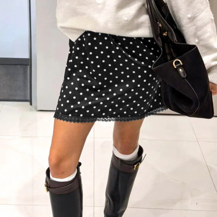 Retro Lace Stitching Satin Artificial Silk Polka Dot Skirt Women Sexy Commuting Elegant Elegant Skirt