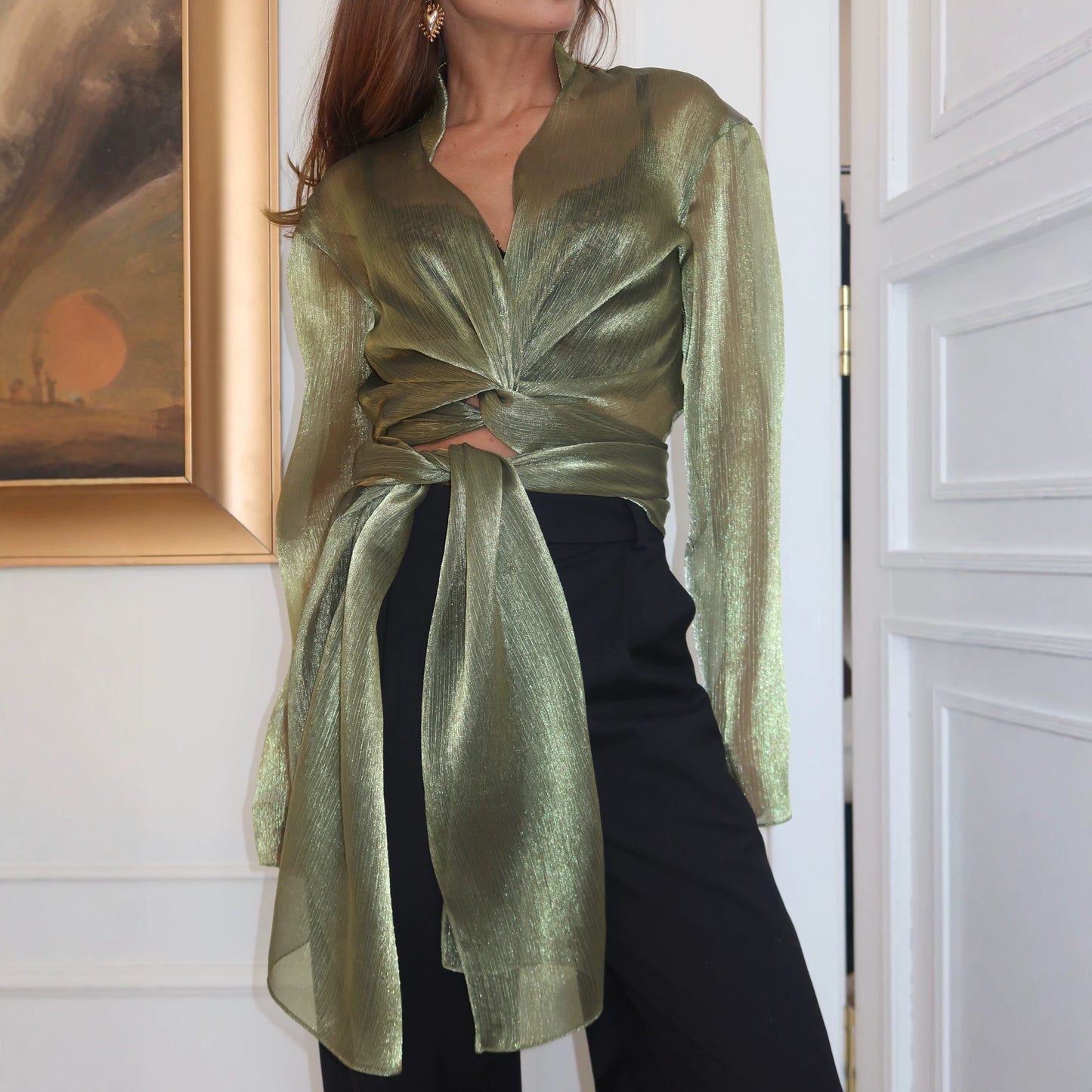 Long Sleeve Mesh High Grade Green Sheer Long Sleeve Waist Controlled Lace up Cardigan Shirt Women Sexy Shirt Top