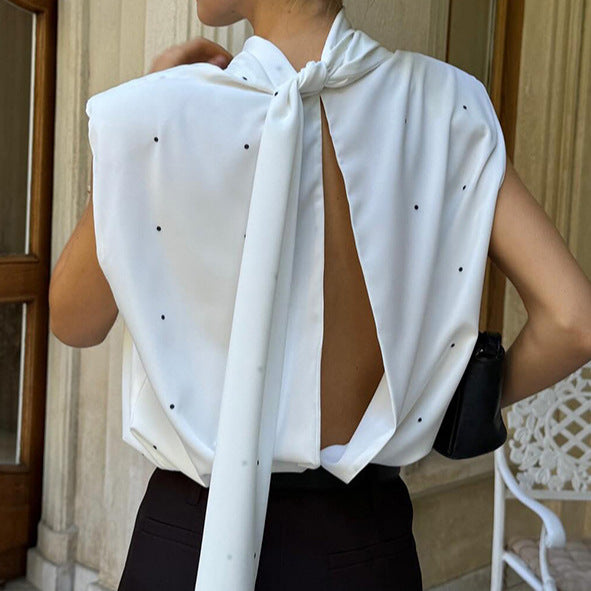 Gentle Polka Dot Split Backless Lace up Bow Stand Collar Vest Women Elegance Sleeveless Top