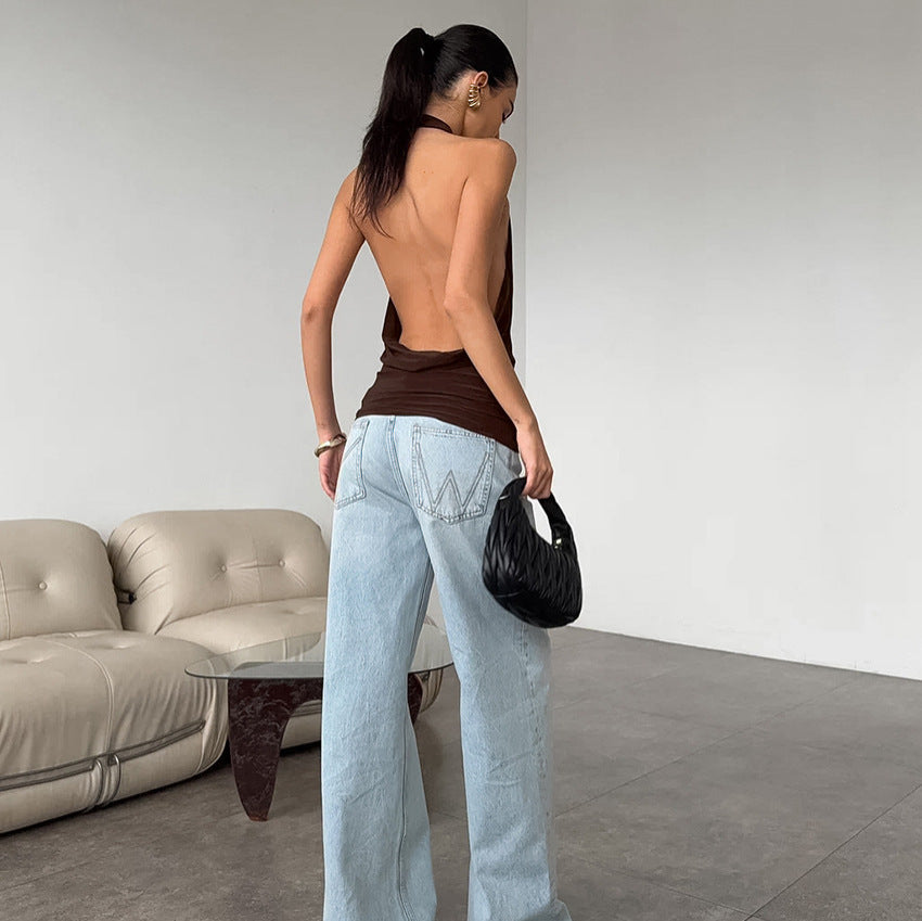 Sexy Low Cut Halter Swing Collar Sleeveless Vest Women French Minority Slimming Sense of Design Top