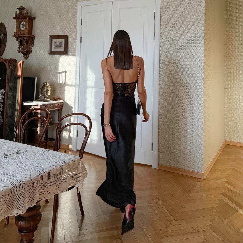 Sexy Women Backless Black Lace See through Halterneck Vest Satin High Waist Skirt Two Piece Set