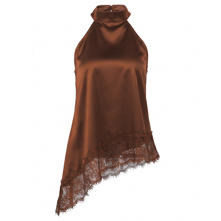 Summer Halter Slim Fit Brown Lace Stitching Satin Artificial Silk Vest Women